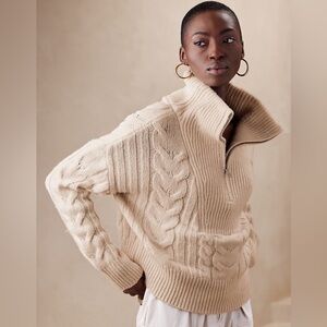 Banana Republic Cavo Wool Blend Half-Zip Cable Knit Cropped Oversized Sweater